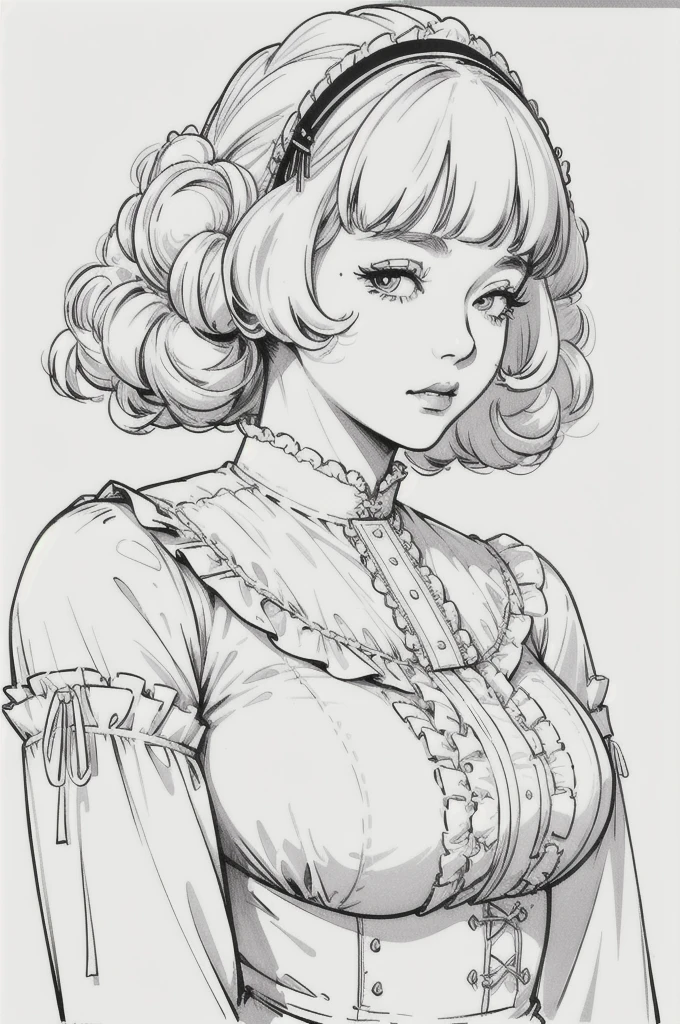 Drawing of a mature woman, realistic portrait, asian girl, white curly hair, Big curls, Straight bangs, all white outfits, goth lolita outfits, horror look. No shading or shadow Best lineart, clean flat lineart, Black and white monochrome, thin pen lines. No colors or shading. Flat white background