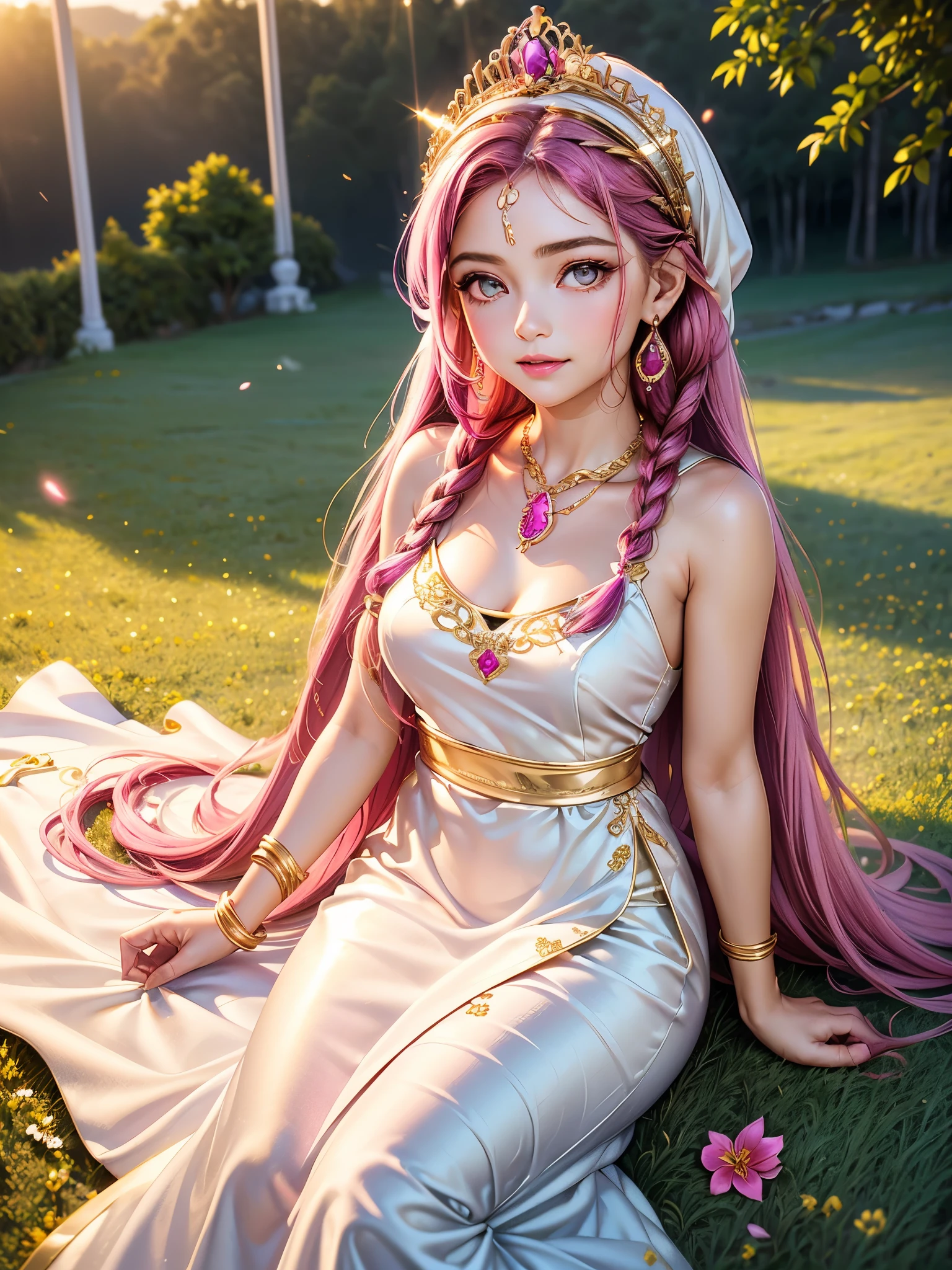 1 girl, goddess, soft smile, fuchsia eyes, narrowed eyes, fuchsia hair, long hair, two braids, gold tiara, gold earrings, gold necklace, gold accessories, white dress, greek style dress, field of flowers