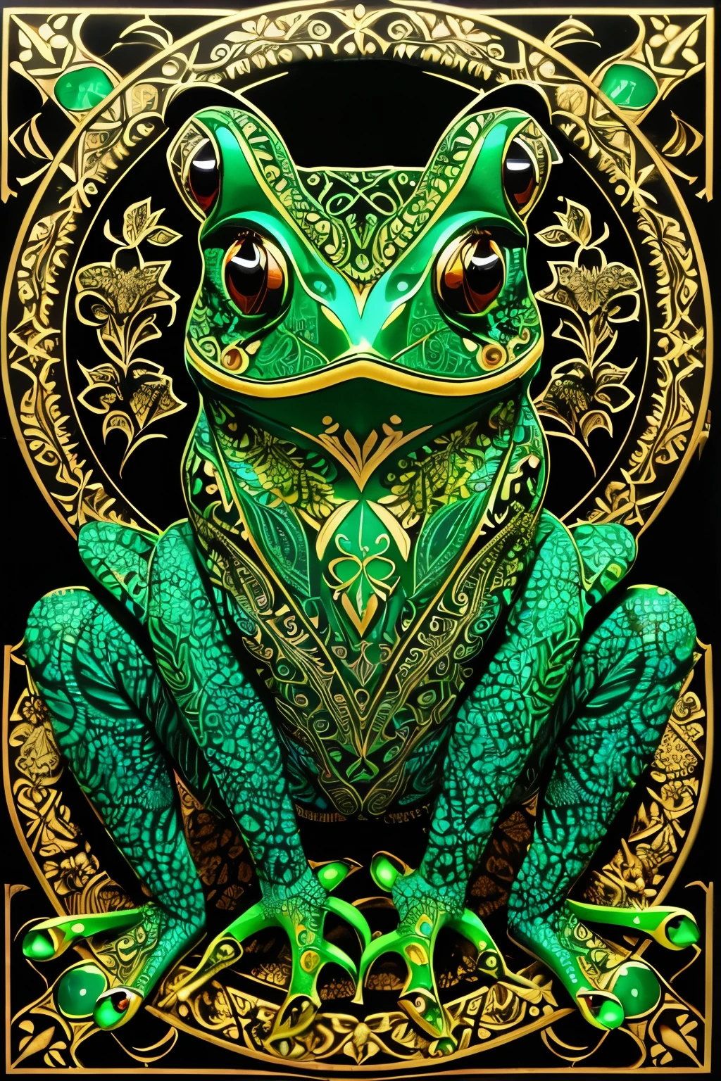 A highly detailed stencil of a tattooed frog, (stencil art: 1.4), elaborate design elements, (frogtacular: 1.3), vivid colors, Ultra-High Definition, (UHD textures: 1.2), close-up shot, subdued lighting, (Dramatic Chiaroscuro: 1.3), centered,
An enchanting amphibian masterpiece, (Intricate Details: 1.4), exquisite shading, (Hyper-Realistic Skin Texture: 1.2), beautiful, green iridescent eyes, (Emerald Eyes: 1.3), blackout