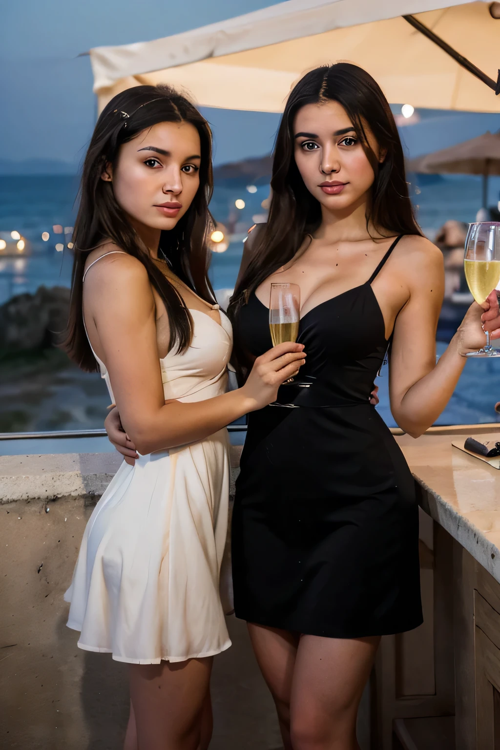 Albanian girl. Dark hair. Dark Eyes. . Young adult. Pretty body, perfect body, wearing classy party dresses, 40DD, with her best friend, in Catania, Sicily,, with evening party by the beach, drinking champagne, , Italian seaside bar, super high definition, perfect shot, perfect pose, Canon 5D Mark 4