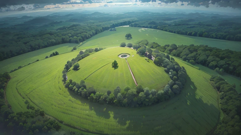 (top down) aerial view of a breast-shaped hill covered with tall grass and trees, remote, uninhabited, (midnight), (night-time lighting)