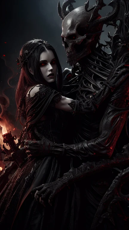 4k Realistic ultra detailed photography of a dark demon shrouded in smoke holding a gothic woman with red eyes in his arms, gothic woman wearing a gothic maxi leather dress decorated with skulls and bones, face and body realistically depicted in ultra detail, photo background is dark and gothic influences