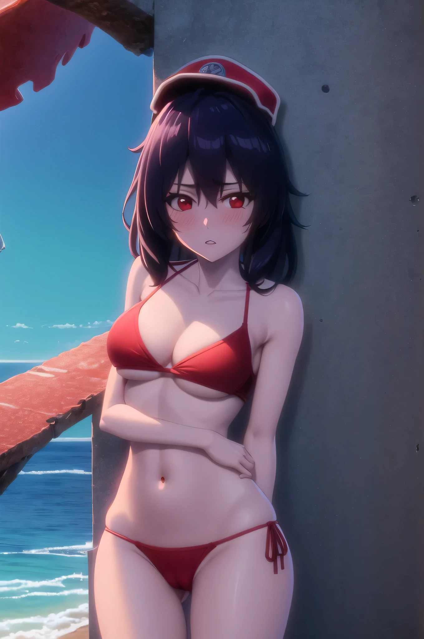 bambietta, (blush:1.2), parted lips, kneels on ground, red eyes, hat, medium breasts, masterpiece, detailed, intricate details, red glowing wings, looking at viewer, masterpiece, 1girl, HDR, UHD, 4K, ocean, island, outdoors, bright sky, sunny, clear sky, red bikini, two piece bikini, thong panties, red thong, bare shoulders, cleavage, skinny, slim waist, slim stomach, slim, underboob, nice thighs, nice ass, skinny, cameltoe, showing ass, ass spread, full frame, upper body in frame, cowboy shot, portrait, close portrait,