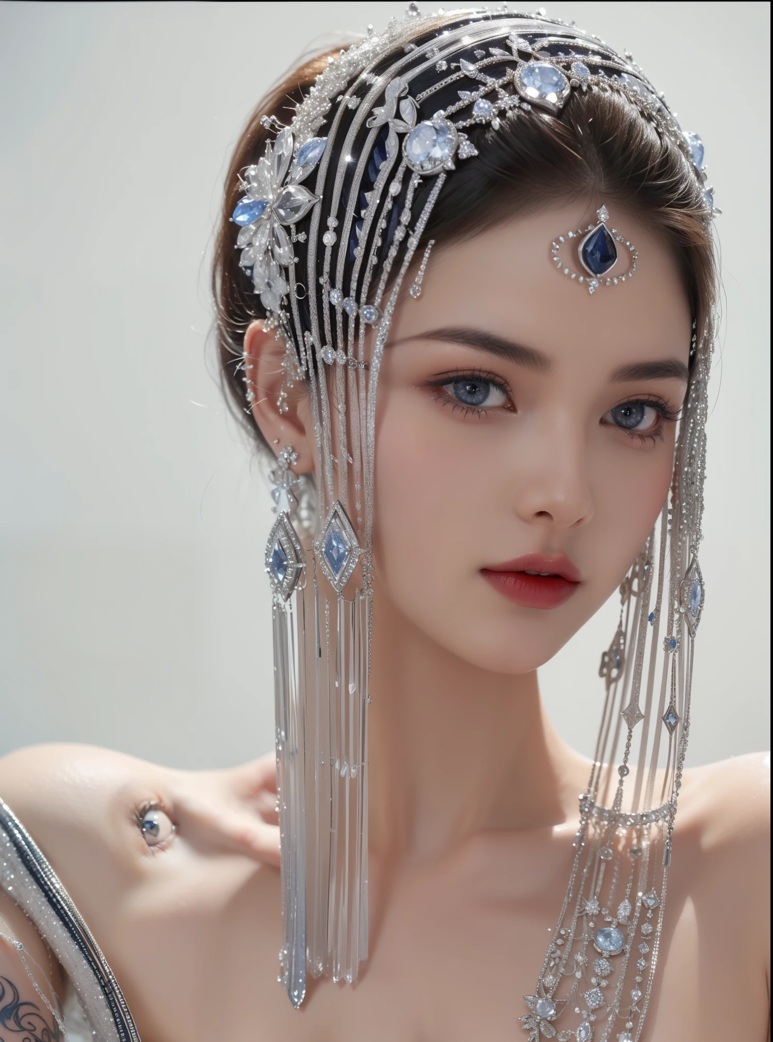 Super detailed, Delicate face, Realistic style, Stock Photography： ,  rich and colorful, Surrealism, Realistic textures, Dramatic Lighting, Thin Film Distiller 800 (8K, original photo, Better quality, masterpiece: 1.2), Super detailed, (Extremely delicate skin: 1.2), 8K Ultra HD, SLR camera, Soft Light, high quality，Snow Queen,ice castle，Blue pupils，Apply red lipstick，Tattoo goddess，With tattoo pattern，Ultra-clear portrait，apply lipstick，Wearing necklace jewelry，apply lipstick，Wear heavy makeup，The facial texture is very clear，Beautiful tattoos on the body，Deep blue eyes(Sapphire-like pupils)，A crown of luxury，Diamond necklace