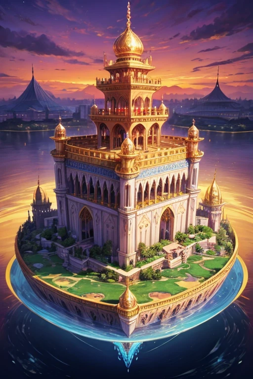 floating island with golden Muslim palace with vegetation and rivers with a tower in the center with a purple fire and blue sky background