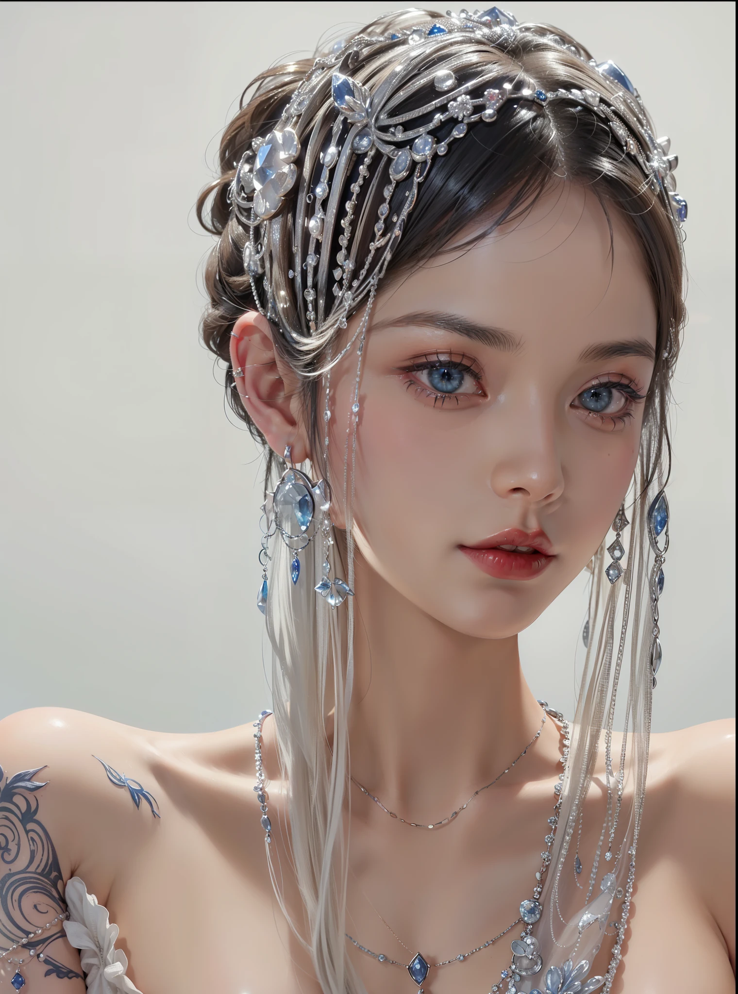 Super detailed, Delicate face, Realistic style, Stock Photography: , rich and colorful, Surrealism, Realistic textures, Dramatic Lighting, Thin Film Distiller 800 (8K, original photo, Better quality, masterpiece: 1.2), Super detailed, (Extremely delicate skin: 1.2), 8K Ultra HD, SLR camera, Soft Light, high quality,Snow Queen,ice castle,Blue pupils,Apply red lipstick,Tattoo goddess,With tattoo pattern,Ultra-clear portrait,apply lipstick,Wearing necklace jewelry,apply lipstick,Wear heavy makeup,The facial texture is very clear,Beautiful tattoos on the body,Deep blue eyes(Sapphire-like pupils),A crown of luxury,Diamond necklace