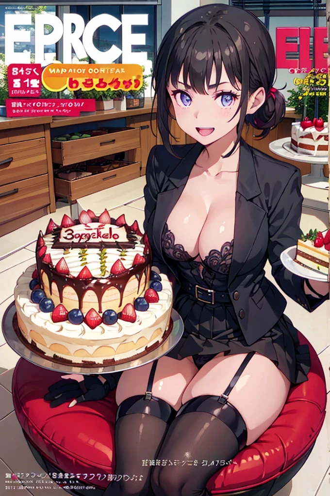 1 girl, small nose, very beautiful detailed face and eyes, bright colors, cute face, delicate beautiful face, Bright magenta eyes, cute eyes, sparkling eyes, Big eyes, (big breasts:1.3), (perky chest:1.1), (pointed chest:1.0), (cake magazine cover:1.3),highest quality, WorKs of masters, High resolution,BlacK color hair,shiny hair, side ponytail,hair between eyes,bangs, (black jacket, real clothes, cleavage, black skirts, black thighhighs, thigh strap, fingerless gloves, single glove:1.2) , spread legs, panties shot, medium hips, glamorous body, white skin, smile, thin pubric hair, super beautiful face, Super beautiful eyes, Super beautiful hair,trendy outfit,sexy and attractive,full body esbian, Real World, Natural light,perfect Natural light,(with sparkling eyes and a contagious smile), This masterpiece is not only visually stunning but also tells, make of cake cooking , in the kitchen, open mouth, looking at viewer,