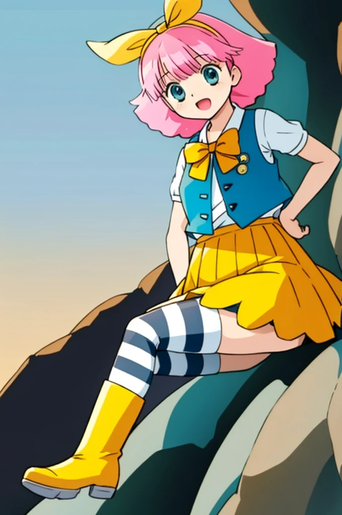 masterpiece, best quality, solo,1girl,anime style,sea,
kagamimomo,yellow boots, blue vest,striped_thighhighs, sitting,nfsw,nude,Take off,