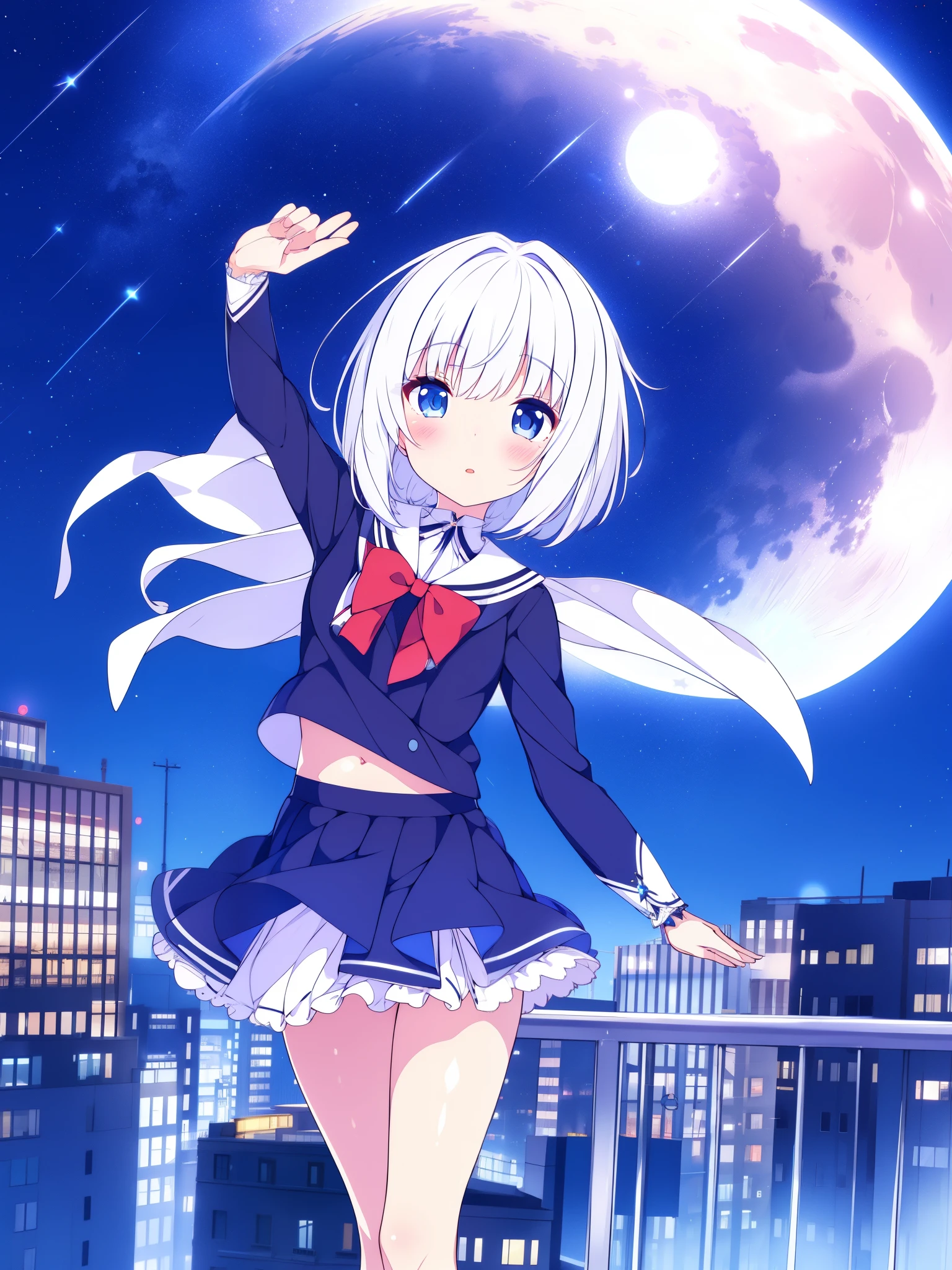 1 girl white hair blue eyes mahou Shoujo short skirt  on top of a building in starry sky with full moon 