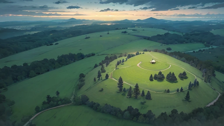 (top down) aerial view of a breast-shaped hill covered with tall grass and trees, remote, uninhabited, (midnight), (night-time lighting)