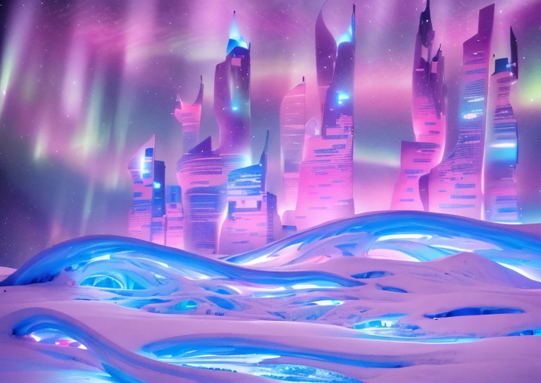 Masterpiece, 12k, uhd, photorealistic, a ultra beautiful suggestive landscape, with snow hills, snow land, futuristic metropolis in background, with skycrapers, night sky with stars, pink boreal aurora in the sky, light neon effects, cyberpunk dreaming atmosphere