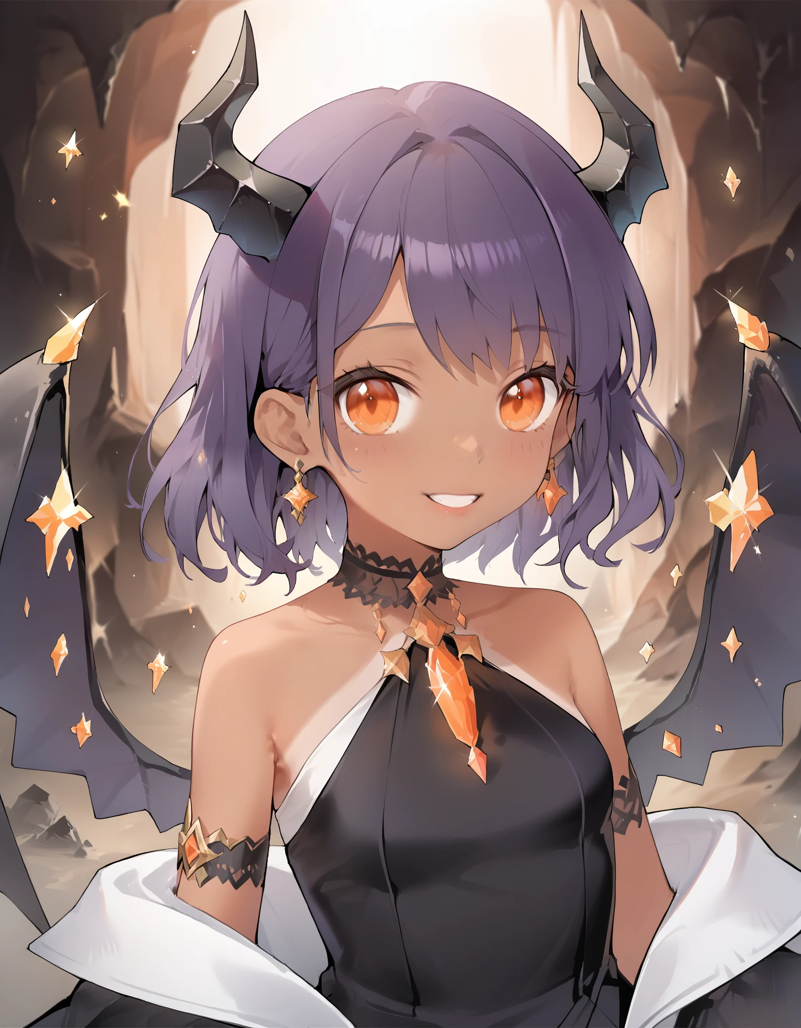 score_9, score_8_up, score_7_up, score_6_up, rating_safe, masterpiece, best quality, ultra detailed, anime style, 1girl, young, cute, (tanned skin), medium hair, purple hair, orange eyes, black horns, black wings, (large breasts:0.11), dress, cave, indoor, large cave, crystals, crystals on walls, warm colors, beautiful face, happy