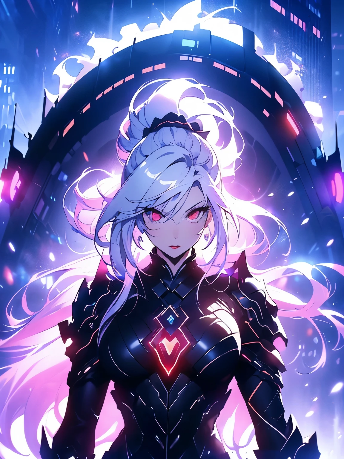 anime, (artwork, best quality, ultra-detailed, high contrast), 1 woman (Alone, full body, plus size body, standing on the edge of the skyscraper, silver hair, LONG In a ponytail, red eyes (detailed eyes), passionate expression, red lips (perfect lips), ruby sparkles, (simple black qipao), high heel boots black cybernetics with neon pink), transparent black socks), (skyscraper roof, overlooking a city, detailed background ((night time, Darkness, low light pollution))) face in close