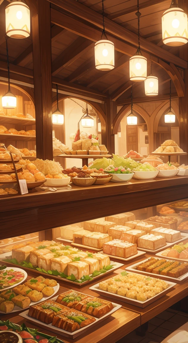 Illustrate a lavish spread of delicious Eid delicacies, including succulent lamb or goat dishes, aromatic rice, and an array of delectable sweets like baklava and ma'amoul.