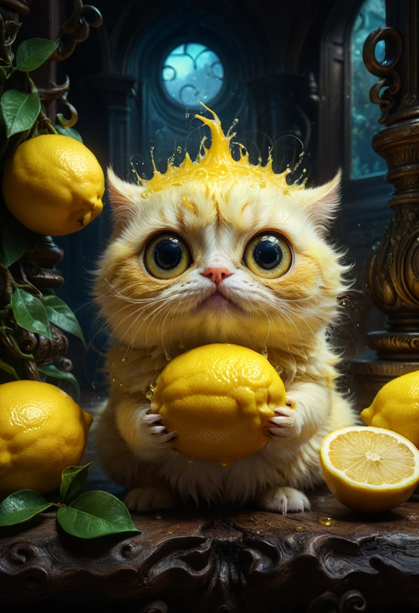 lemon eating challenge, intricately detailed cute adorable lemon creature eating sliced lemon fruit, large adorable eyes, low angle viewpoint, yellow background!!!, A breathtaking masterpiece fantasycore artwork by Kim Keever Antoine Collignon Wadim Kashin Tim Burton, realism; incredible composition; dynamic lighting; meticulously composed concept art, digital illustration, Reflections, cell-shaded, Volumetric lighting, Eldritch, sparkling, magic, maximalist highly detailed and intricate professional photography, 8k resolution concept art, Artstation, triadic colors, Unreal Engine 5, cgsociety, octane photograph