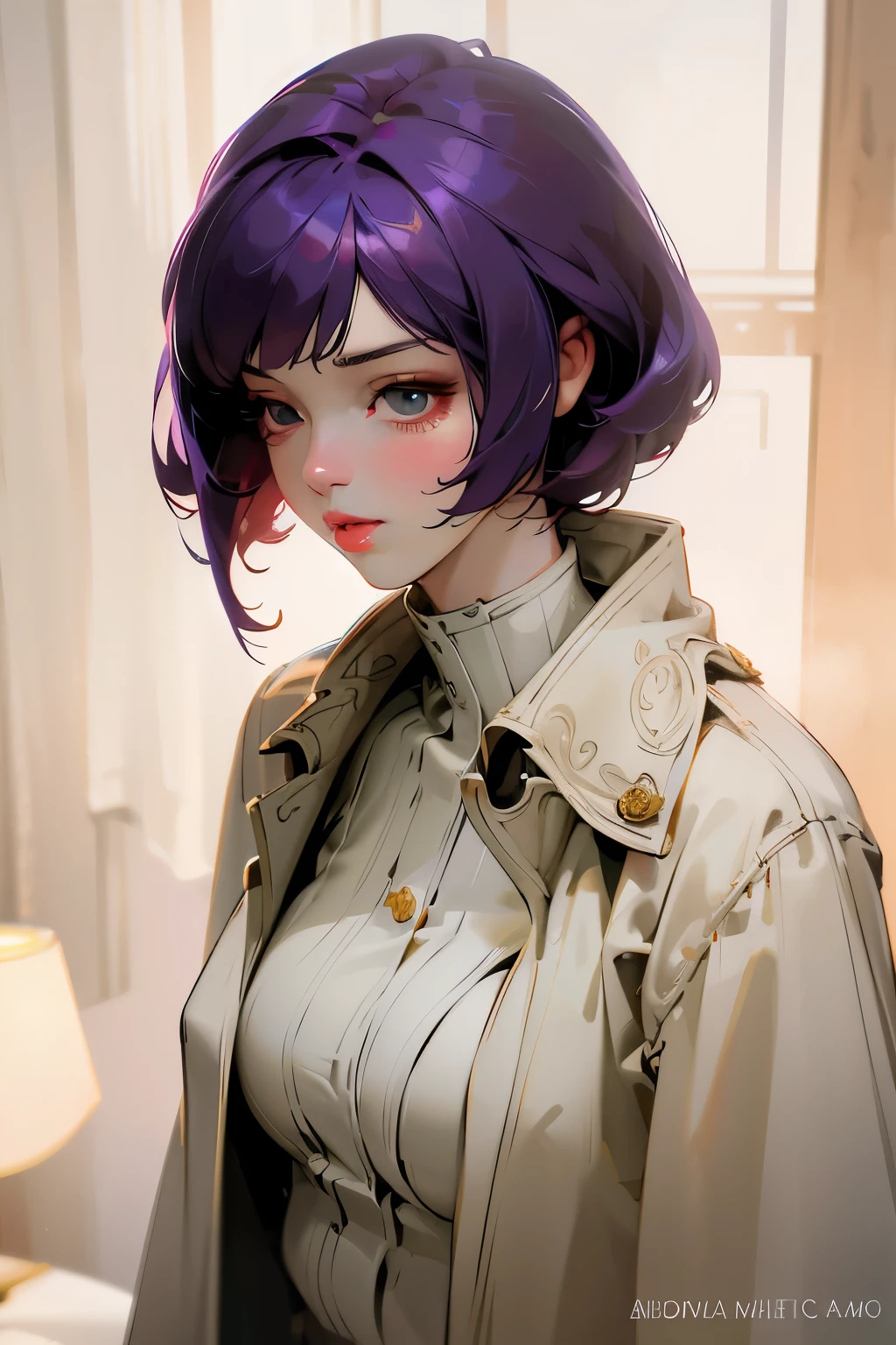 a girl with short purple bob hairstyle, wearing a long white coat, detailed beautiful face, detailed beautiful eyes, detailed beautiful lips, intricate hairstyle, flowing fabric, photorealistic, 8k, high resolution, professional digital art, dramatic lighting, warm color palette, cinematic atmosphere, high quality, extremely detailed, hyper realistic, beautiful detailed eyes, beautiful detailed lips, beautiful detailed skin, very detailed, masterpiece, vibrant colors, highly detailed, ultra-detailed, realistic, photo-realistic, 3D, CGI, octane render, 4k, film grain, studio lighting