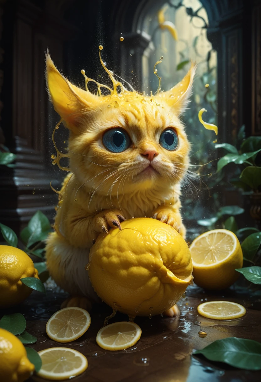 lemon eating challenge, intricately detailed cute adorable lemon creature eating sliced lemon fruit, large adorable eyes, low angle viewpoint, yellow background!!!, A breathtaking masterpiece fantasycore artwork by Kim Keever Antoine Collignon Wadim Kashin Tim Burton, realism; incredible composition; dynamic lighting; meticulously composed concept art, digital illustration, Reflections, cell-shaded, Volumetric lighting, Eldritch, sparkling, magic, maximalist highly detailed and intricate professional photography, 8k resolution concept art, Artstation, triadic colors, Unreal Engine 5, cgsociety, octane photograph