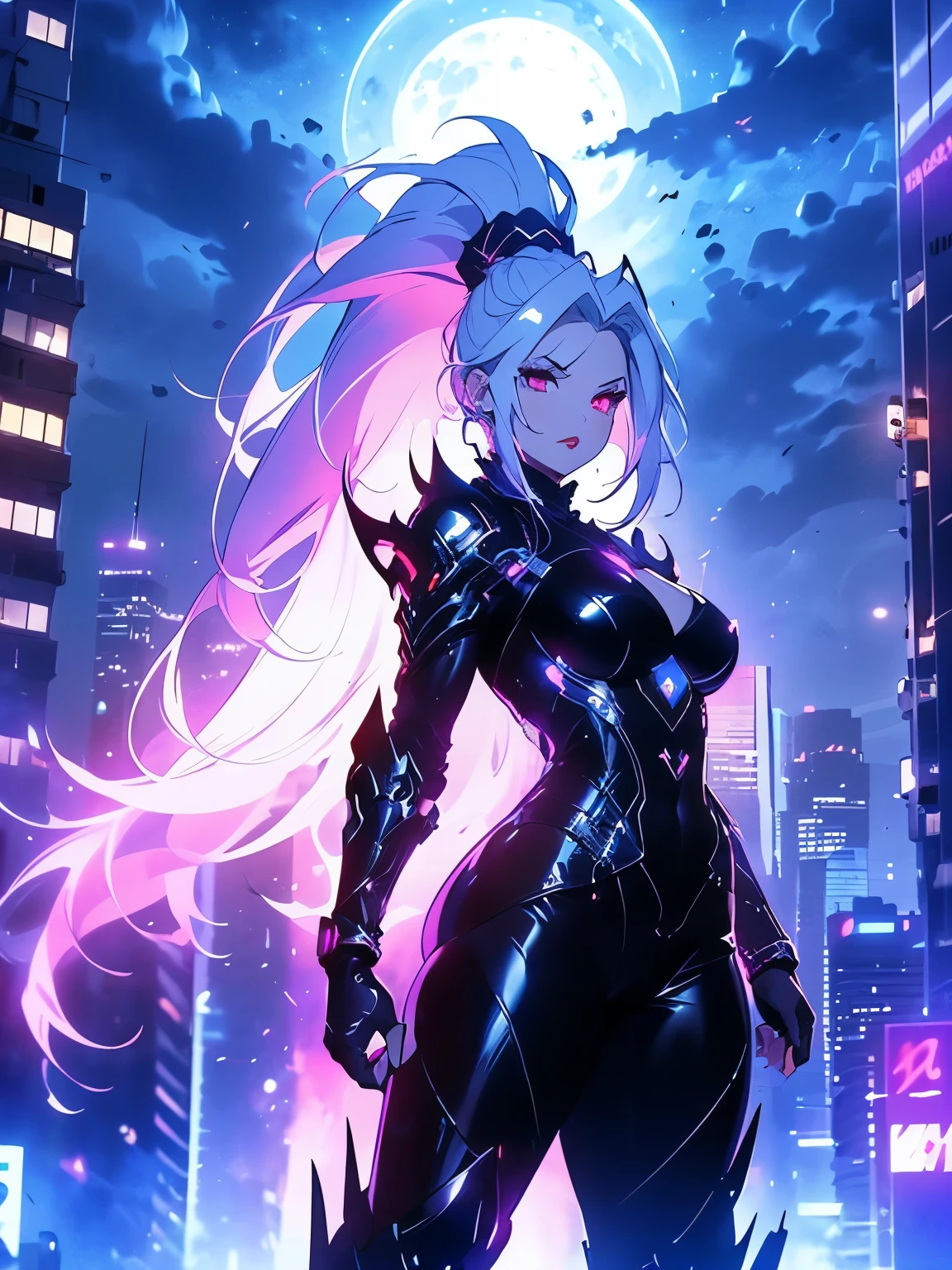 anime, (artwork, best quality, ultra-detailed, high contrast), 1 woman (Alone, full body, plus size body, standing on the edge of the skyscraper, silver hair, LONG In a ponytail, red eyes (detailed eyes), passionate expression, red lips (perfect lips), ruby sparkles, (simple black qipao), high heel boots black cybernetics with neon pink), transparent black socks), (skyscraper roof, overlooking a city, detailed background ((night time, Darkness, low light pollution))) face in close