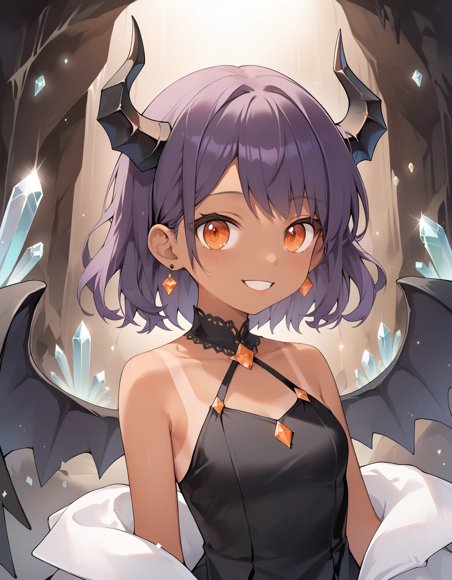 score_9, score_8_up, score_7_up, score_6_up, rating_safe, masterpiece, best quality, ultra detailed, anime style, 1girl, young, cute, (tanned skin), medium hair, purple hair, orange eyes, black horns, black wings, (large breasts:0.11), dress, cave, indoor, large cave, crystals, crystals on walls, warm colors, beautiful face, happy