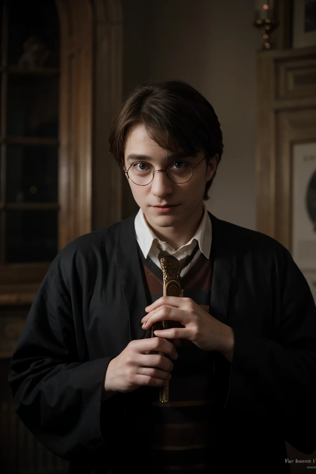 create a picture for the harry potter book, where will he be without glasses,holding a magic wand in his hand, Woland de Mort in the background. the picture is made in dark colors