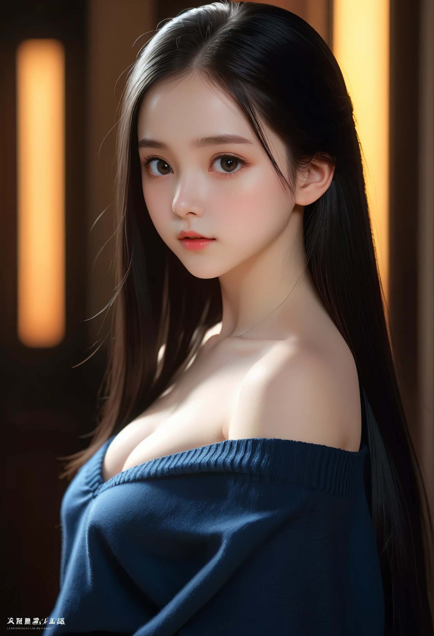 A girl around ,Pale skin,Very long hair, Black straight hair. big、Black eyes , With a strong and mysterious expression. Dressed in orphan clothing style, More elegant and refined, Something that matches her mysterious and strong personality. comprehensive, Her presence will attract attention, Attract curious and inquisitive eyes. flat chest, movie lighting, Chromatic Aberration, Backlight, masterpiece, High Detail, high quality, 4k.(breasts),Off-shoulder,sleeveless,No underwear,Sexy pose,blush,Perfect makeup,Hyperrealism,Kodak Photography, ( open sweater,crop shirt underboob),Dreamy colors,Hyper-realism,Unreal Engine 5,Octane Rendering,Award-winning works,Photography,