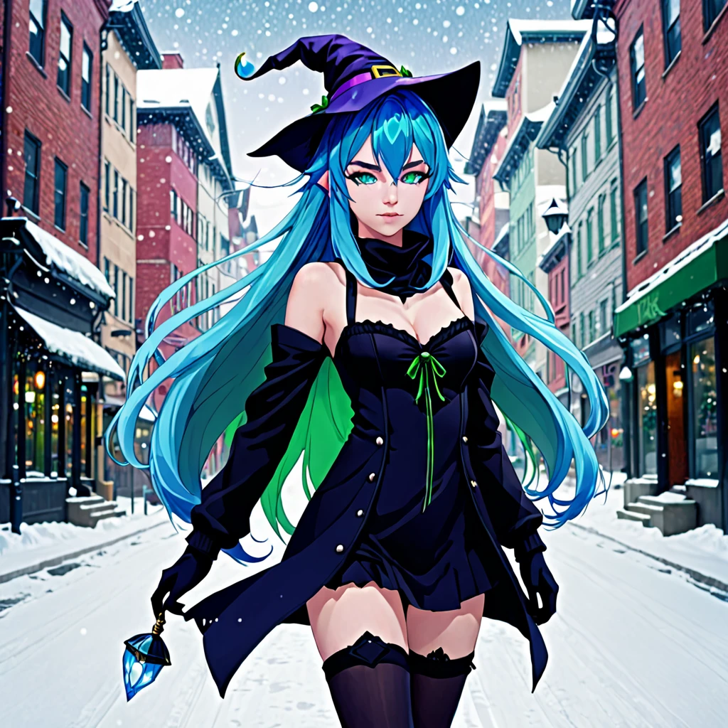 best quality,ultra high res,1girl,solo,full body,snow,city,, blue hair,green eyes,jk, dark witch