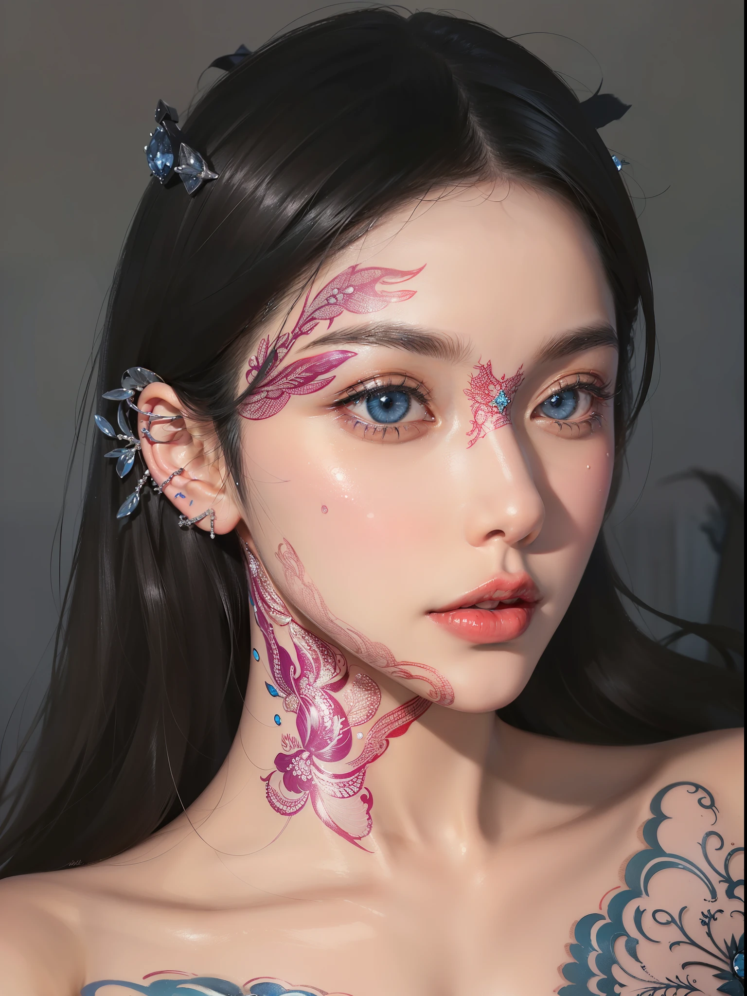 Super detailed, Delicate face, Realistic style, Stock Photography： ,  rich and colorful, Surrealism, Realistic textures, Dramatic Lighting, Thin Film Distiller 800 (8K, original photo, Better quality, masterpiece: 1.2), Super detailed, (Extremely delicate skin: 1.2), 8K Ultra HD, SLR camera, Soft Light, high quality，Snow Queen,ice castle，Blue pupils，Apply red lipstick，Tattoo goddess，With tattoo pattern，Ultra-clear portrait，apply lipstick，Wearing necklace jewelry，apply lipstick，Wear heavy makeup，The facial texture is very clear，Beautiful tattoos on the body，Deep blue eyes(Sapphire-like pupils)，A crown of luxury，Diamond necklace