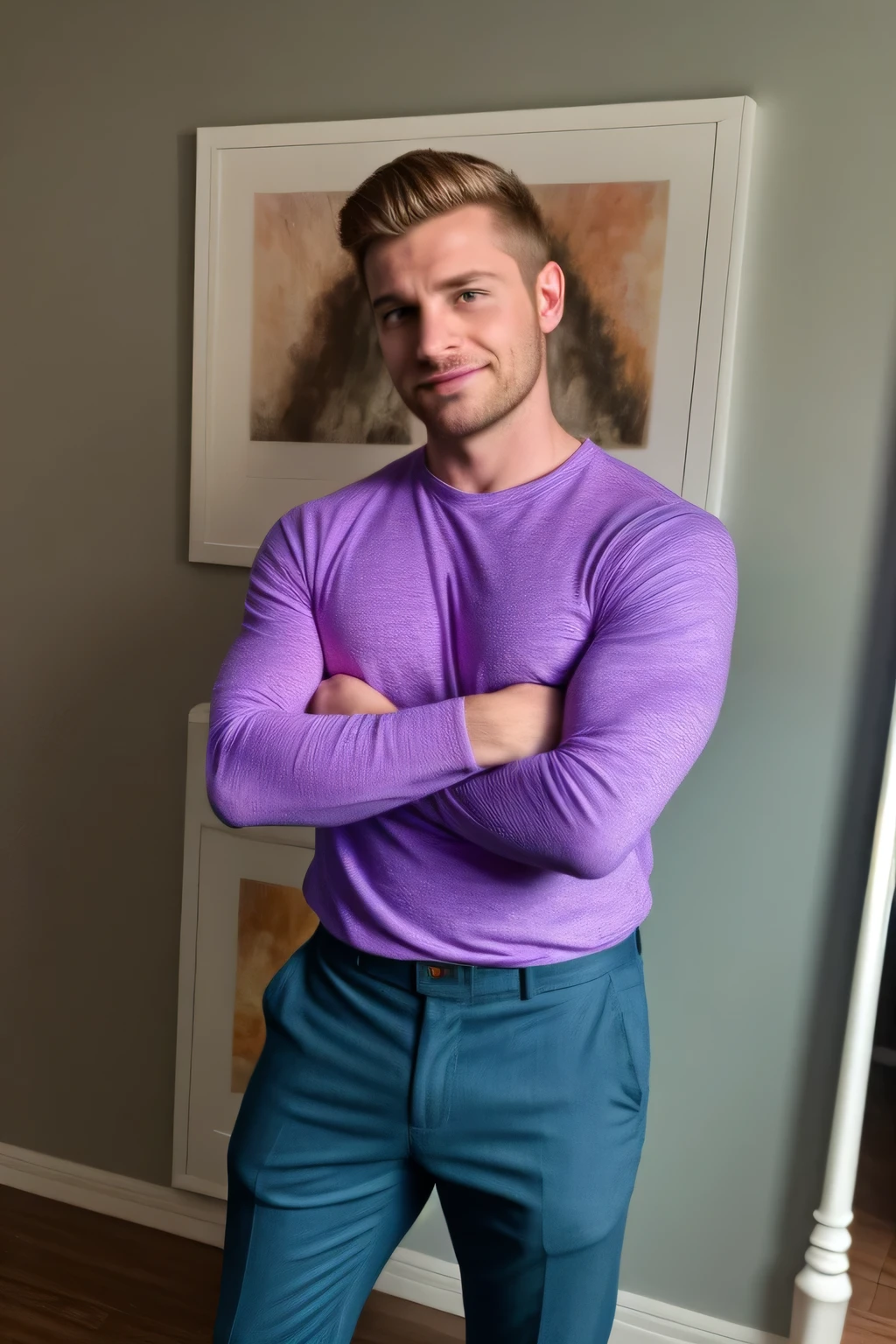 photograph of, 1man, jaydenm, frowning, best quality, 4K, masterpiece, detailed, intricate, blue and purple and pink, perfect anatomy, by professional artist, realistic, smirking,
shirt, pants,
