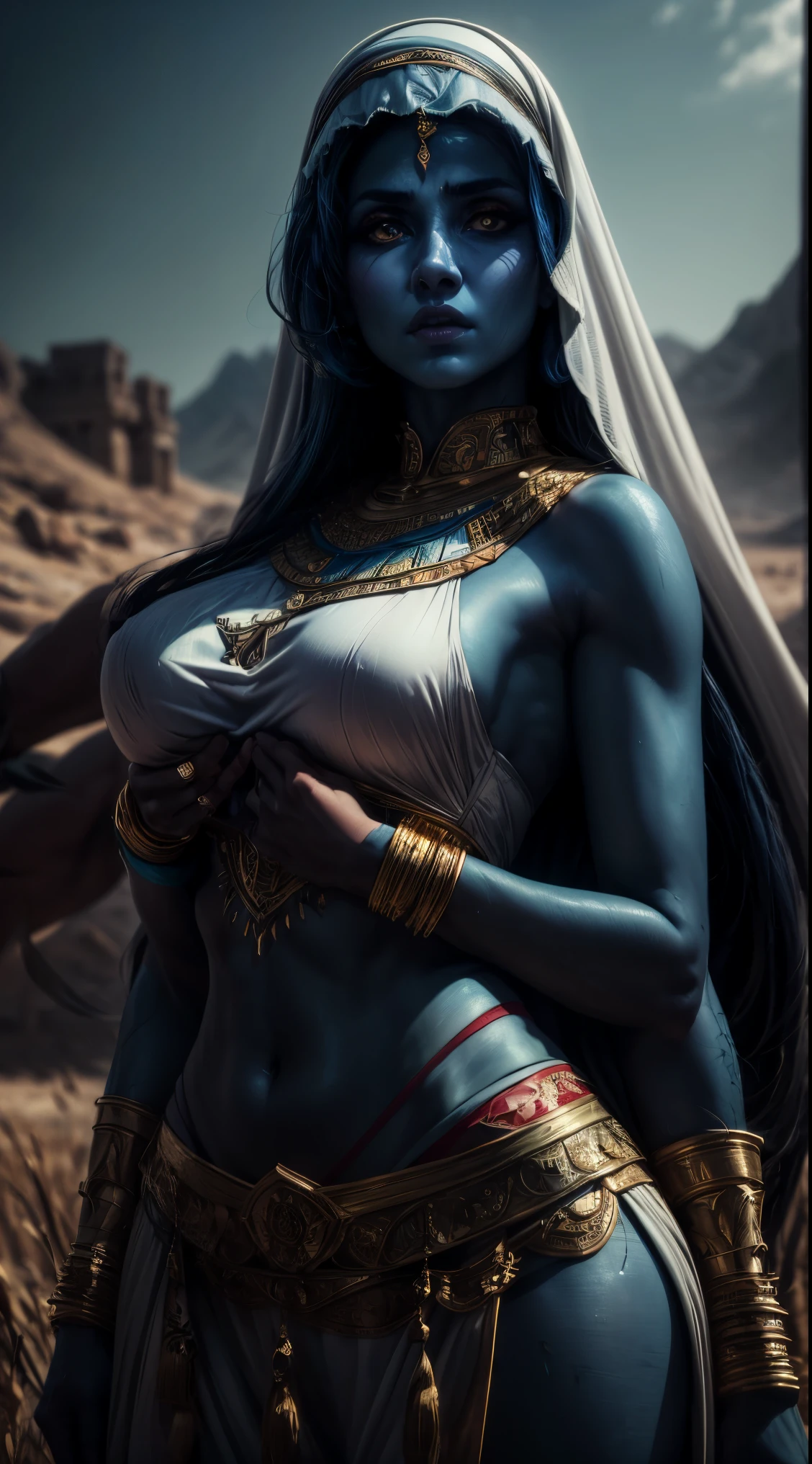 arab woman, blue skin, she has four arms, arabic swords on each hand, indian woman, arabian rogue battle white clothes, arabic swords, field background (best quality,4k,8k,highres,masterpiece:1.2), HDR,UHD,studio lighting,ultra-fine painting,sharp focus,physically-based rendering,extreme detail description,professional,
