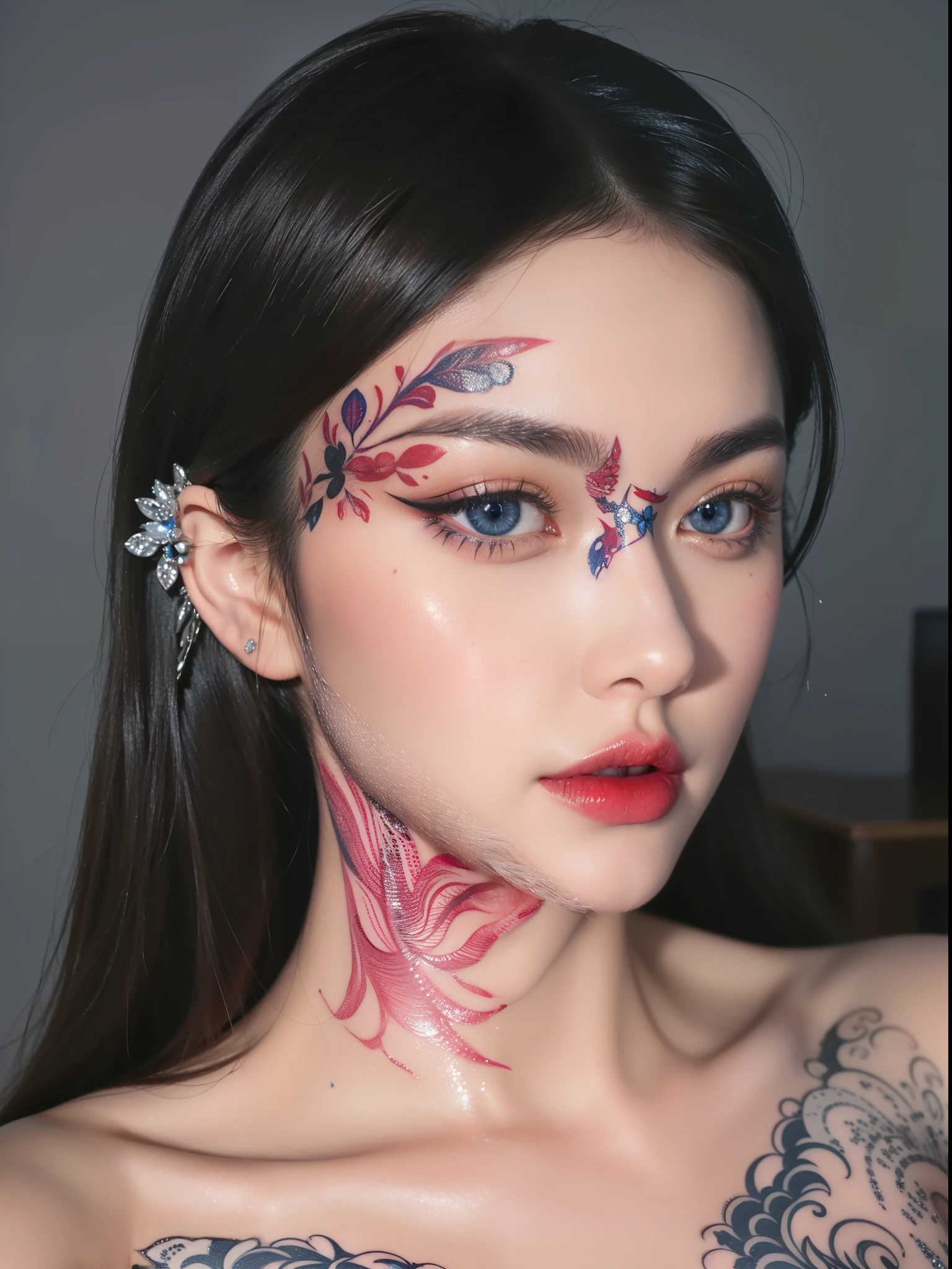 Super detailed, Delicate face, Realistic style, Stock Photography: , rich and colorful, Surrealism, Realistic textures, Dramatic Lighting, Thin Film Distiller 800 (8K, original photo, Better quality, masterpiece: 1.2), Super detailed, (Extremely delicate skin: 1.2), 8K Ultra HD, SLR camera, Soft Light, high quality,Snow Queen,ice castle,Blue pupils,Apply red lipstick,Tattoo goddess,With tattoo pattern,Ultra-clear portrait,apply lipstick,Wearing necklace jewelry,apply lipstick,Wear heavy makeup,The facial texture is very clear,Beautiful tattoos on the body,Deep blue eyes(Sapphire-like pupils),A crown of luxury,Diamond necklace