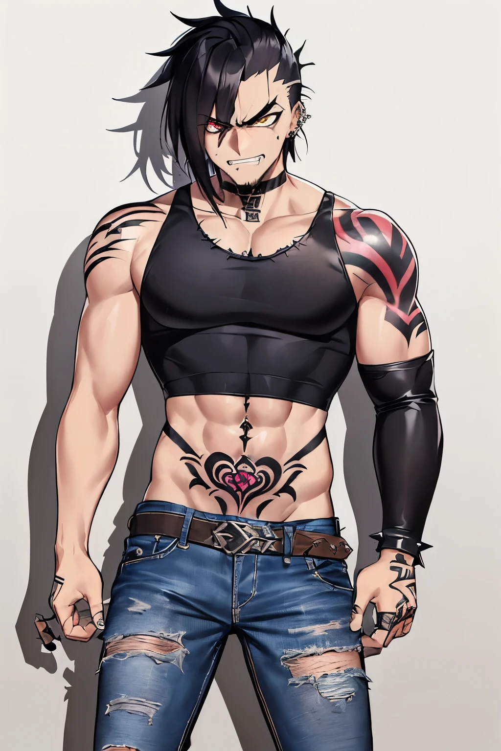 Gorgeous, High-Quality, Taunting Masterpiece
((Hoodlum outfit, edgy style, unkempt hair, piercings)),((grungy alleyway, poor lighting)),((tattered leather jacket, tight T-shirt)),((vibrant inking all over arms)),((bare midriff)),((grimy boots)),((defiant, cocky expression)),((Ratty jeans, low-rise)),((dark background, harsh shadow))
1 male, ((tattoo sleeve, angry eyes)),((inked face, intense scowl)),((smirking mouth)),((disheveled hair, spiky)),((nonchalant