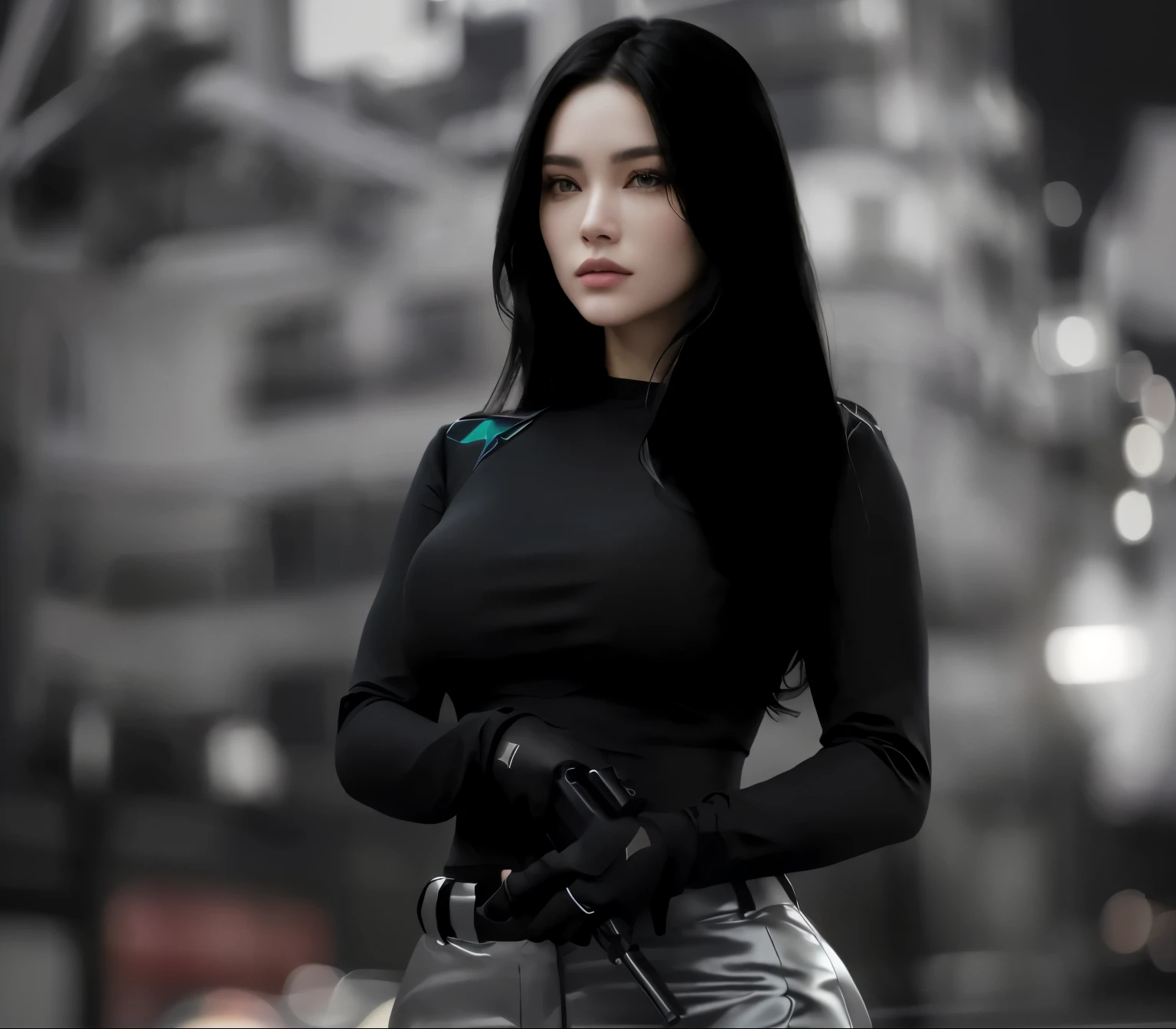 a woman in a black blouse and pants holding a gun, ultra, ultra nd, ultra render, ultra realist, ultra - detalhes, utra realista, ultra rendered, ( ultra realista ), contraste ultra-alto, ultra detalhes, violence, ultra detalied, ultra sharp, ultra realista, modelo de ultra alta qualidade, ultra _ realista, ultra high resolution