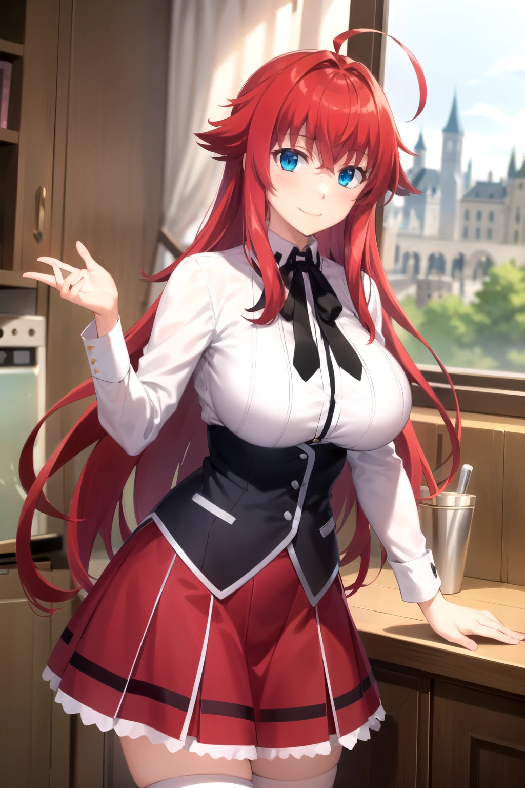 best quality, masterpiece, detailed,
RiasGremory,
1girl, closed mouth, smile, blush,
red hair, long hair, blue eyes, ahoge,
, striped shirt, neck ribbon, black ribbon, black corset, purple skirt, huge breasts,
standing, looking at viewer,
indoors, castle