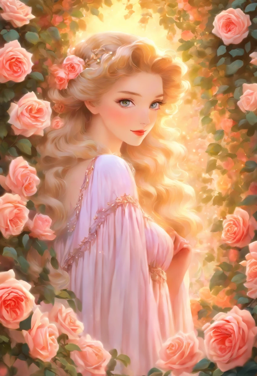 Woman, Victorian hairstyle, victorian dress, In the Rose Garden, with beautiful roses around her, unearthly beauty, Galadriel, beautiful painting in fantasy style., inspired by Nene Thomas, unearthly fairytale, inspired by Edward Robert Hughes, Oil painting in fantasy style., unearthly!!!!!!!, unearthly!!!, Fascinated by the spirit of nature, unearthly fantasy
