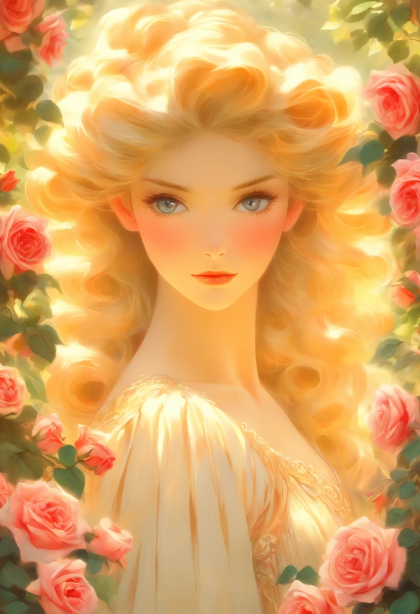 Woman, Victorian hairstyle, victorian dress, In the Rose Garden, with beautiful roses around her, unearthly beauty, Galadriel, beautiful painting in fantasy style., inspired by Nene Thomas, unearthly fairytale, inspired by Edward Robert Hughes, Oil painting in fantasy style., unearthly!!!!!!!, unearthly!!!, Fascinated by the spirit of nature, unearthly fantasy