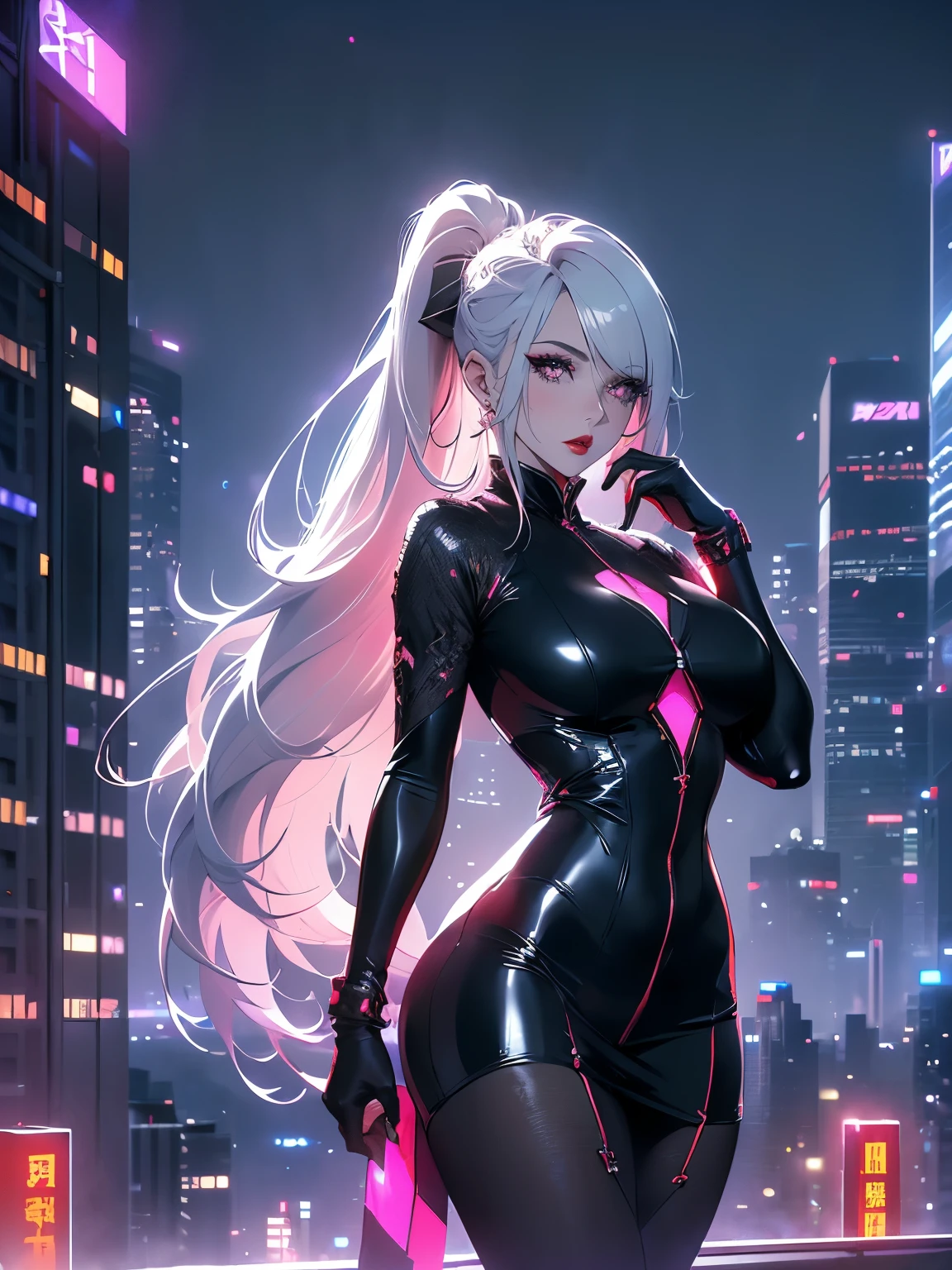 anime, (artwork, best quality, ultra-detailed, high contrast), 1 woman (Alone, full body, plus size body, standing on the edge of the skyscraper, silver hair, LONG In a ponytail, red eyes (detailed eyes), passionate expression, red lips (perfect lips), ruby sparkles, (simple black qipao), high heel boots neon pink), transparent black socks), (skyscraper roof, overlooking a city, detailed background ((night time, Darkness, low light pollution))) face in close