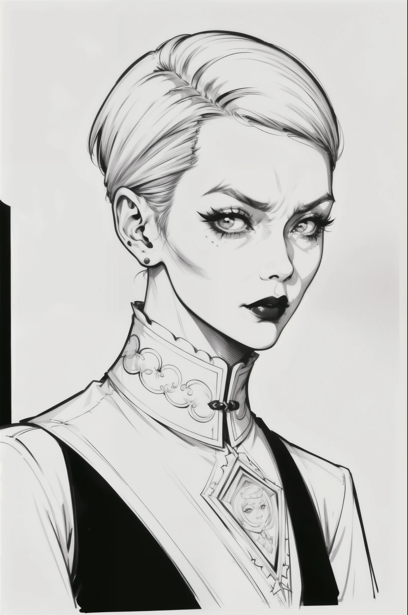 Drawing of a mature woman, realistic portrait, upper body, goth asian girl, white hair, channel haircut, mad face, rebel outfits, punk, horror look. Best lineart, clean flat lineart, Black and white monochrome, thin pen lines. No colors or shading. Flat white background
