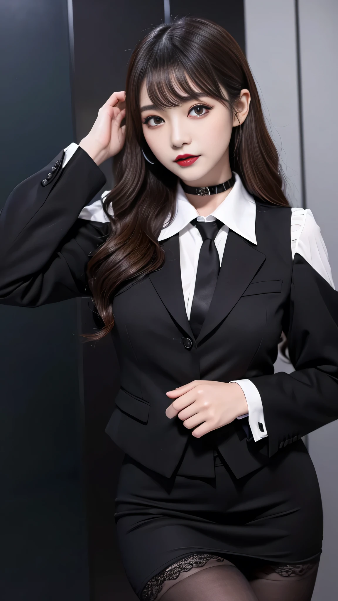 best quality、ultra-detailed、4k、Japanese、Seductive beauty、seductive adult woman、Pretty Woman、cool girl、Villainess、Brainwashed、brainwash、Fallen into evil、smirk、Evil look、Wicked Smile、evil、Brown hair、wavy hair、swept bangs、dark makeup、dark makeup、piercing eyes、hollow eyes,half-closed eyes、Hollow Eyes、purple Eyeshadow、black lipstick、black lipglos、office staff suit、suit、Jacket、Black sleeves、White Shirt、Black Ribbon、Tight Skirt、pantyhose、stockings、High heelask、night、inside darkroom、Are standing、shoot from below、Have lipstick、Emblem of Evil、Crest of Darkness、Swear allegiance、I have pledged my allegiance、Dye black、Blackening、Stained with evil、Dyed in darkness、Seduce