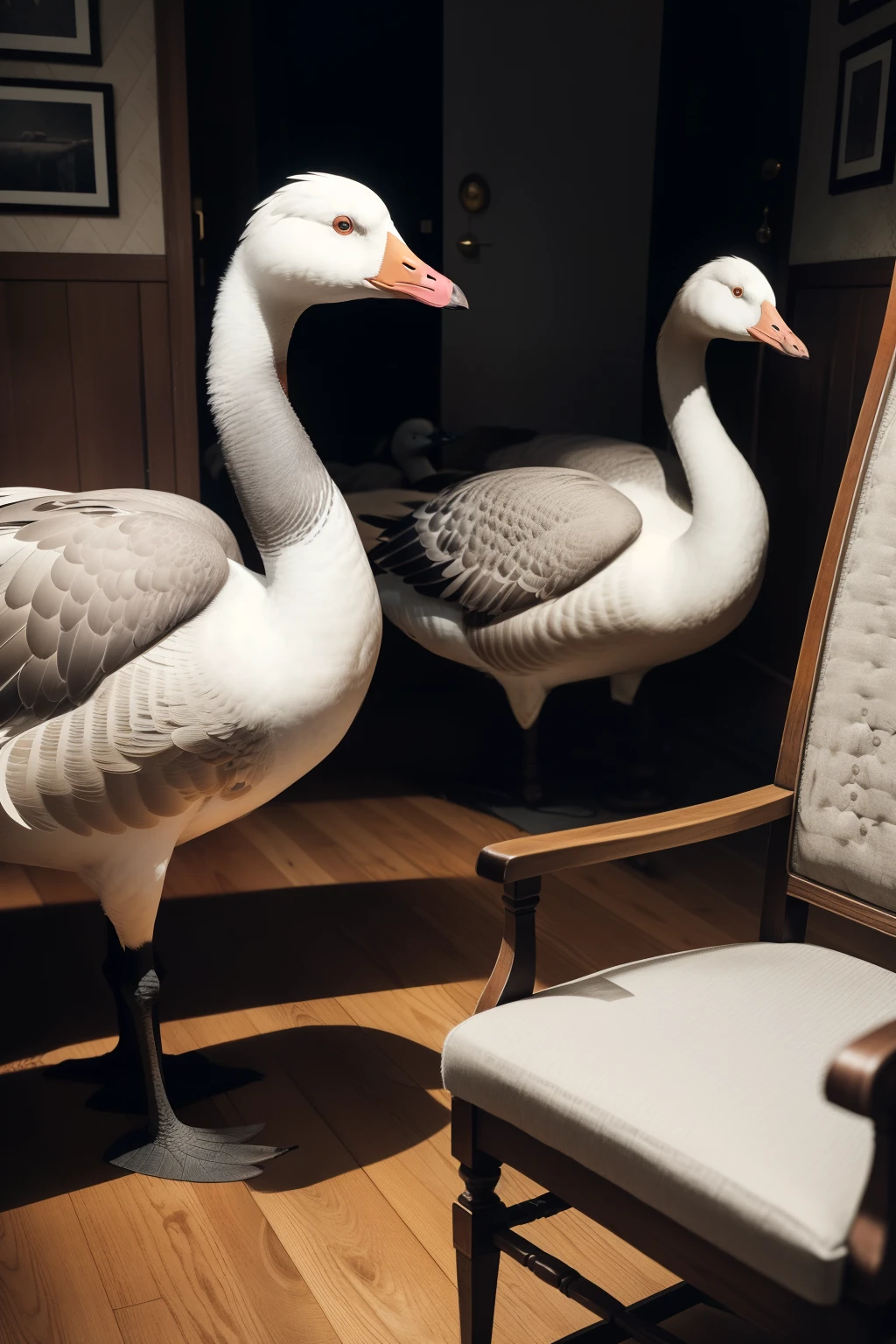 A troupe of distressed geese, with feathers askew and beady eyes ajar, lounge on a quilted chair that belongs to an elderly woman with a stark contrast of white and gray hair. Their goose-like inquisitiveness is palpable, as they seem to challenge the grandma with their loud honking, "Who's white here??? Who's gray here??? WHAT DID YOU SAY THERE???" This surreal scene takes place in a dimly lit room, with a Dutch angle adding to the unsettling atmosphere.