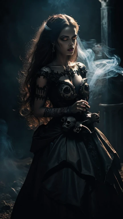 4k Realistic ultra detailed photography of a dark demon shrouded in smoke holding a gothic woman with red eyes in his arms, gothic woman wearing a gothic maxi leather dress decorated with skulls and bones, face and body realistically depicted in ultra detail, photo background is dark and gothic influences