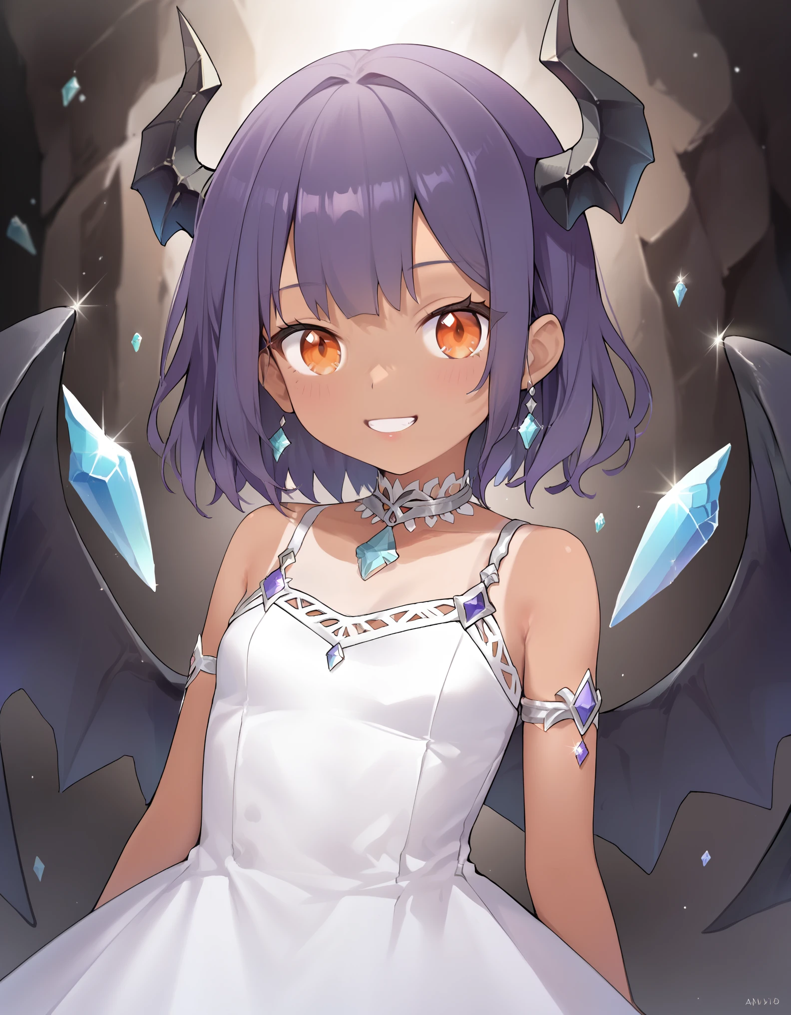 score_9, score_8_up, score_7_up, score_6_up, rating_safe, masterpiece, best quality, ultra detailed, anime style, 1girl, young, cute, (tanned skin), medium hair, purple hair, orange eyes, black horns, black wings, (large breasts:0.11), dress, cave, indoor, large cave, crystals, crystals on walls, warm colors, beautiful face, happy