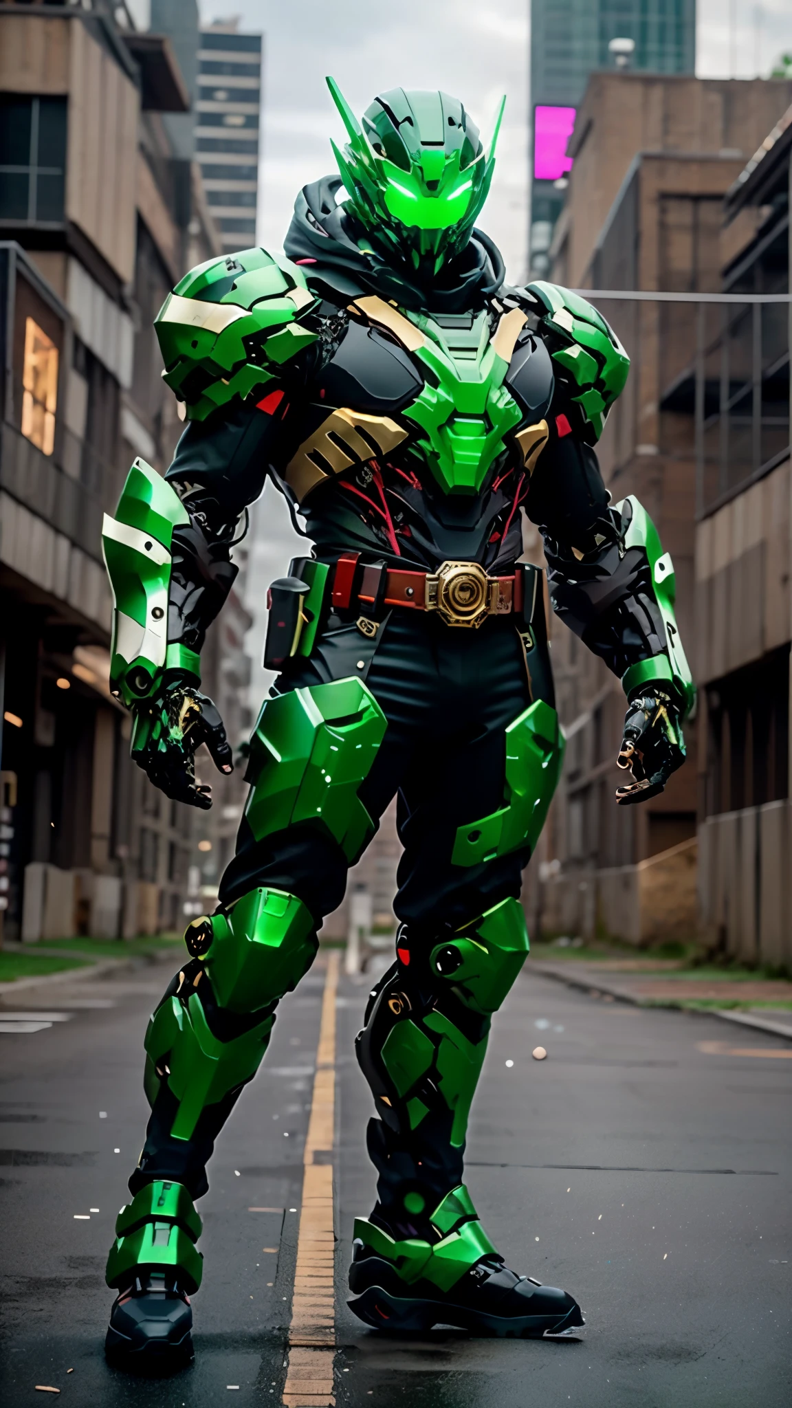 A man wearing a full-face helmet, a fantasy-style biotech armored combat suit, green eyes, (a composite layered chest armor), fully enclosed shoulder guards, matching arm and leg guards, the belt is adorned with exhaust pipes, (the color scheme is primarily black with green accents), the design balances heavy with agility, a high-tech bio-mecha armor, (Armor Concept Inspired by Cyberpunk motorcycle, stand on the top of a skyscraper in a futuristic sci-fi city), this character embodies a finely crafted fantasy-surreal style armored hero in anime style, exquisite and mature manga art style, (battle damage, element, plasma, energy, the armor glows), ((male:1.5)), metallic, real texture material, dramatic, high definition, best quality, highres, ultra-detailed, ultra-fine painting, extremely delicate, professional, perfect body proportions, golden ratio, anatomically correct, symmetrical face, extremely detailed eyes and face, high quality eyes, creativity, RAW photo, UHD, 32k, Natural light, cinematic lighting, masterpiece-anatomy-perfect, masterpiece:1.5