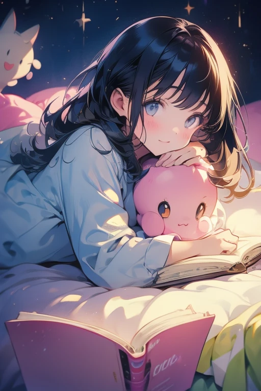 1girl,solo,cute,pajamas,lie down,reding a picture book,on the bed,face down,from the front,night