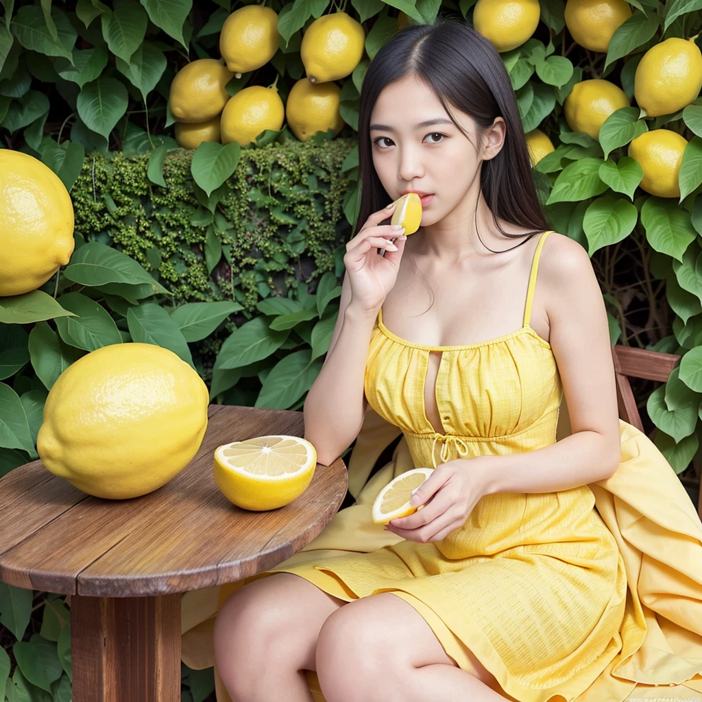 lemon eating challenge, girl eating lemon, sour expression, squinting eyes, puckered lips, detailed facial features, messy hair, yellow dress, outdoor garden setting, natural lighting, vibrant colors, detailed texture, photorealistic, 8k, highly detailed, masterpiece