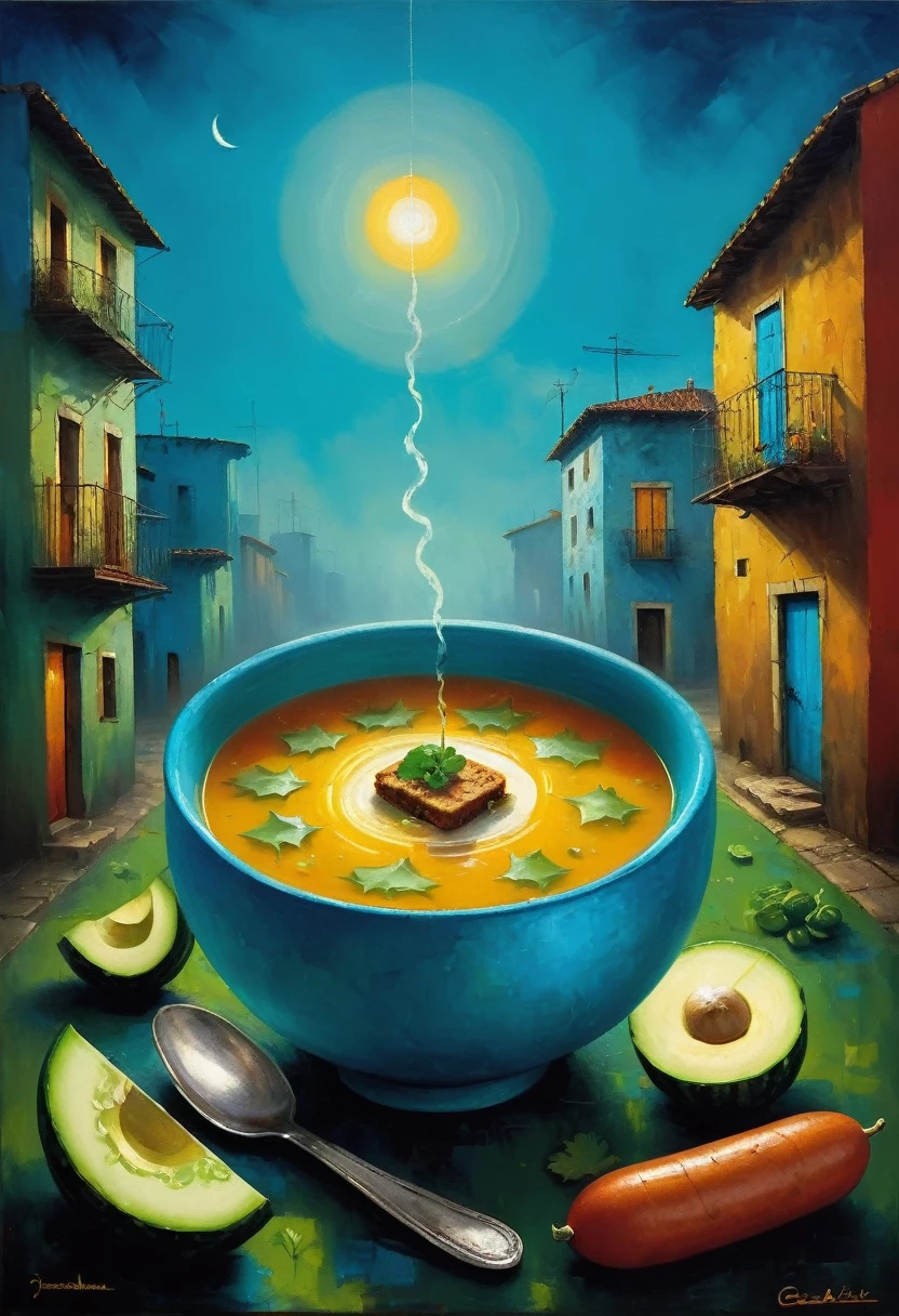 Today I finally ate soup 1 time in a month with three sandwiches with sausage and cucumbers in the style of primitivism. (David Martiashvili). Rich palette, special writing technique. Synthesis of primitive forms with the construction of painting techniques... aesthetics. colorful oil painting. Charm. Thematic Art of Life (Conceptual Art) (NFT Exclusive) (Fauve Artworks) Visual poetry transcends traditional boundaries and encounters the dynamic interplay of creativity and technology, Retro: 1.3, Earth Blue, Punk, Happy, Optimistic, Jerome Jerome Jerome, Gabriel Pacheco: 1.3 retro lighting, minimalism.