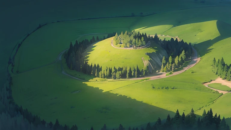 (top down) aerial view of a breast-shaped hill covered with tall grass and trees, remote, uninhabited, (midnight), (night-time lighting)