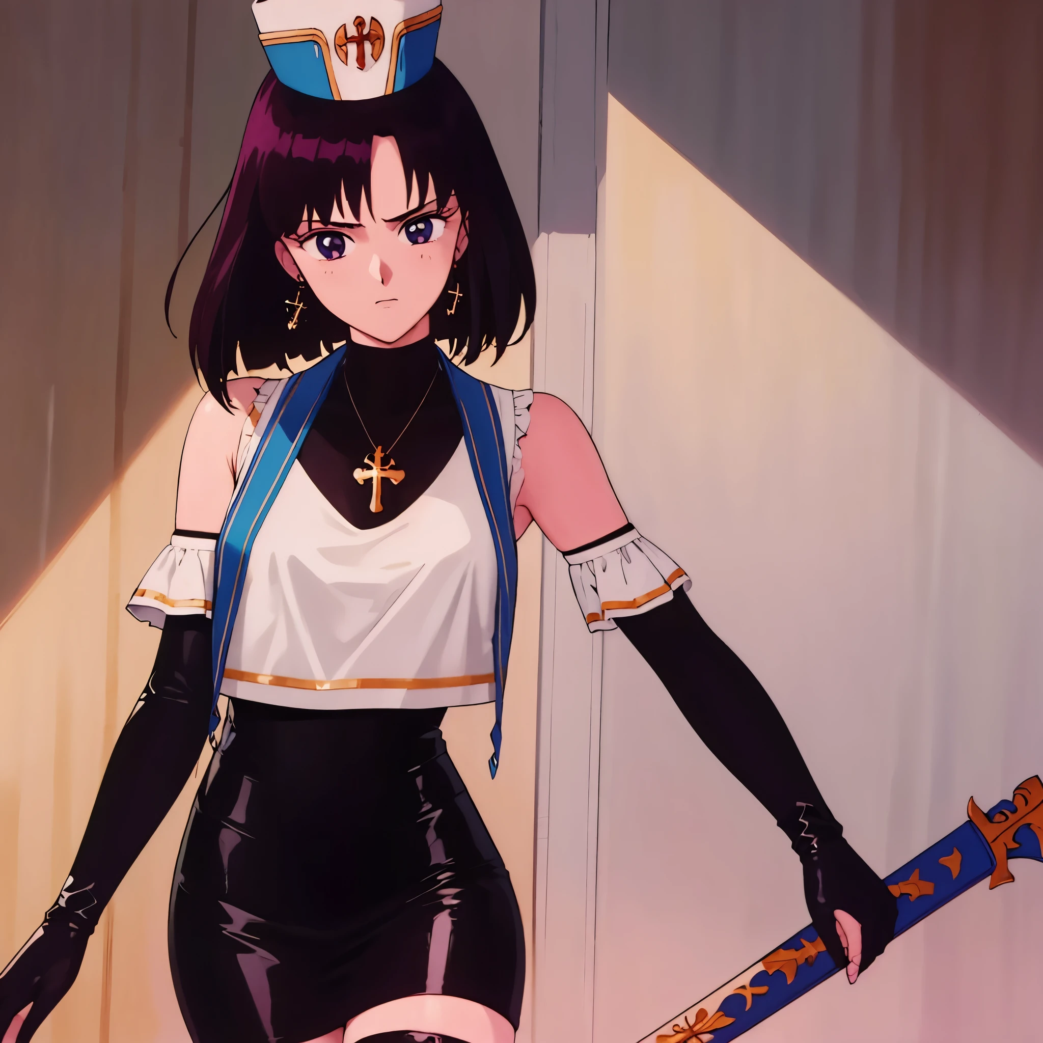 Masterpiece, solo, 1girl, upper body, dnfCrusader, hat, cross necklace, cross earrings, black dress, detached sleeves, white thighhighs