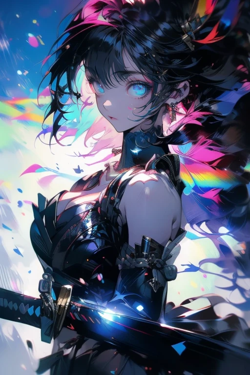 1girl,solo,cool,rainbow hair,hold a sword,samurai girl,cleavage,prepare a sword