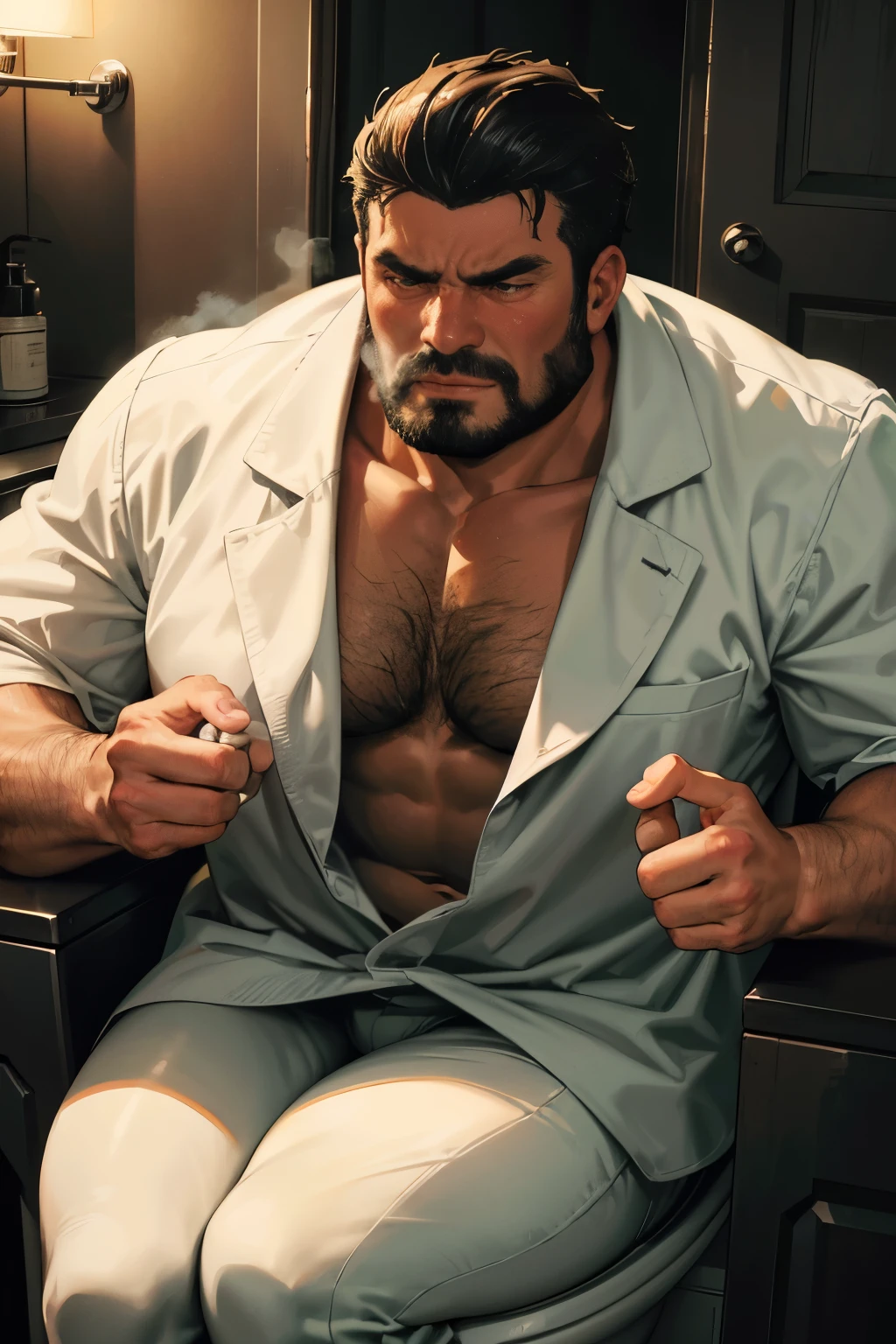 High quality, close-up image of a large man's face, illuminated dimly by a single overhead light. His features are etched with deep furrows, signs of an intense anger simmering below the surface. The bathroom setting is clear, with the seat of a toilet visible behind him, suggesting a scene of tension and discomfort. A thick cloud of steam rises from the toilet, hinting at the cause of the strong odor. The background is plain and neutral, allowing the man's powerful and expressive face to take center stage.