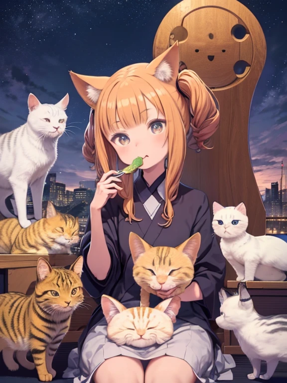 Anime girl with cat and many cats in front of her、Geese are、It is a supernatural extraterrestrial life form known as the Flerken. They bend their tongues and、Can eat things ten times their size。., masterpiece, highest quality, Super detailed